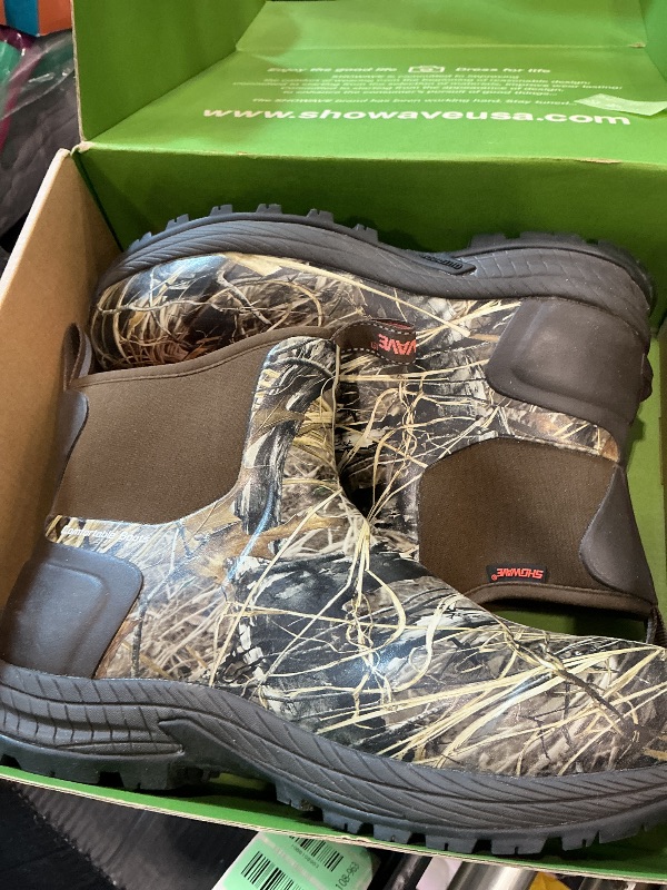 Photo 1 of Showave Men's Rain Boots Waterproof Excursion Rubber Boots Insulated Mud Booties for Trekking Gardening Farming Camping Fishing and Chore Work (Camo, Size 10)