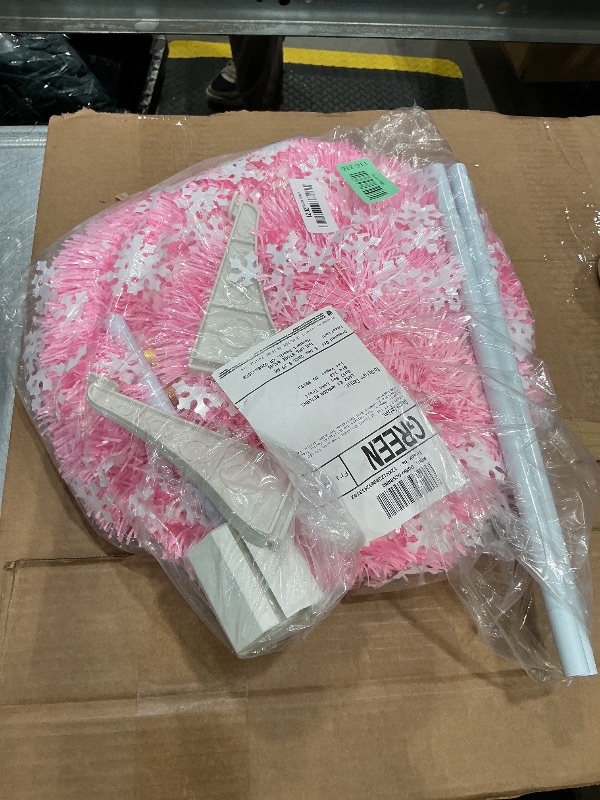 Photo 1 of **NO REMOTE**HMASYO 6 FT Pop Up Tinsel Christmas Tree with 100 LED Timer Lights & Remote, Pink Collapsible Artificial Pencil Tree with Snowflake Ornaments Xmas Decoration for Home, Office, Party, USB Powered