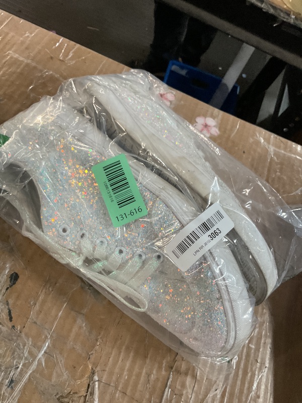Photo 1 of ***(HEAVILY USED/ MINOR DAMAGE)***Jeekopeg Glitter Sparkly Fashion Sneakers Shiny Casual Shoes Bling Sequin Concert Low Cut Lace up Shoes(White Glitter,12 Women/10 Men)