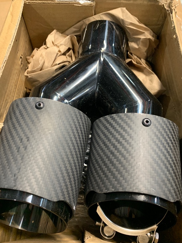Photo 1 of (used)(minor damage) Upower Pack of 2 Carbon Fiber Exhaust Tip Tailpipe 2.5 Inch Inlet 3.5" outlet 9.8" Length Stainless Steel Exhaust Muffler Tip