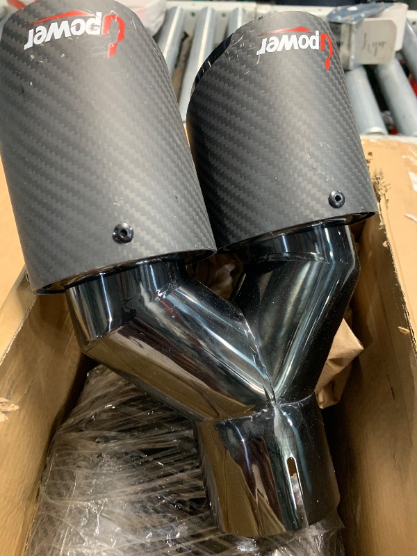 Photo 1 of (used)(minor damage) Upower Pack of 2 Carbon Fiber Exhaust Tip Tailpipe 2.5 Inch Inlet 3.5" outlet 9.8" Length Stainless Steel Exhaust Muffler Tip