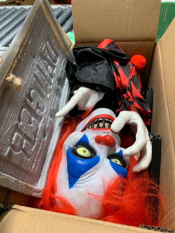 Photo 1 of [ Talking & Sound Activated ] 40 Inch Halloween Decorations Outdoor Animatronic Standing Scary Clown, Light Up Red Eyes & Shake Body, Creepy Sound Props for Halloween Haunted House Porch Yard Decor