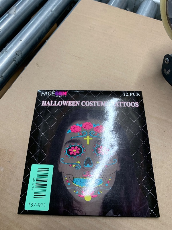 Photo 1 of ***FACTORY SEALED***12 PCS Day of the Dead Costume Tattoos for Halloween - Temporary Sugar Skull Face Stickers for Makeup, Masquerade, Parties. Face & Body Tattoos for Events