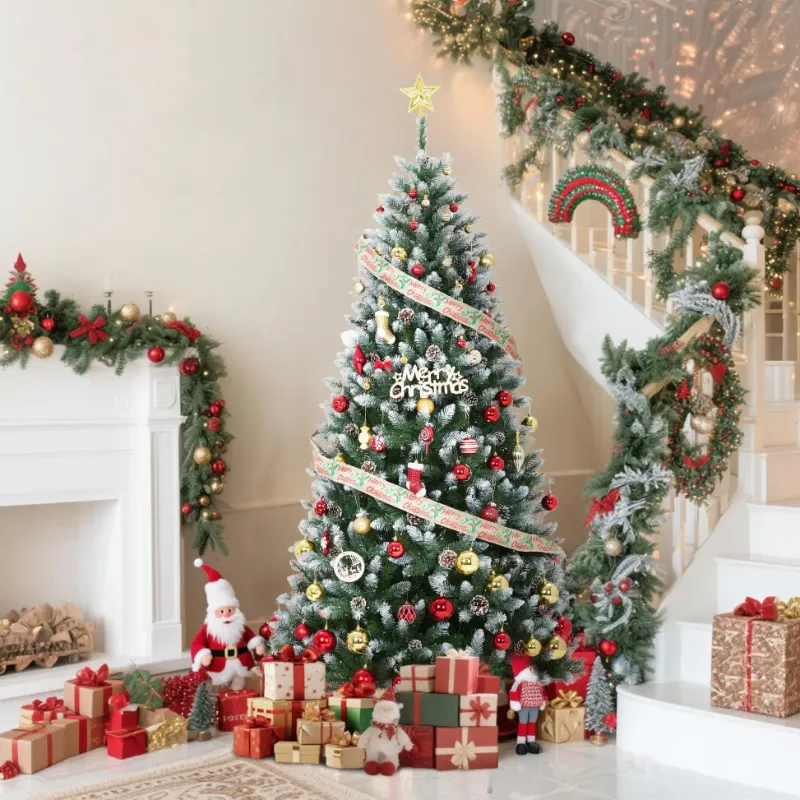 Photo 1 of  Garvee 7.5ft Pre-Lit Snow Flocked Christmas Tree, Artificial Xmas Tree with Snowy Branch Tips, Hinged Metal Stand, Flame-Retardant Material, Fake Christmas Tree for Yard, Home, Entrances
