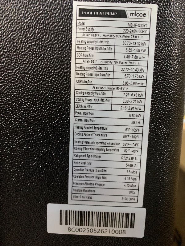 Photo 1 of MICOE 58000 BTU Swimming Pool Heat Pump Up to 30ft (8/18/30ft) &16500 Gallons Electric Pool Heater for Above Ground or Inground Pool, Heating and Cooling Pool Heater 220V