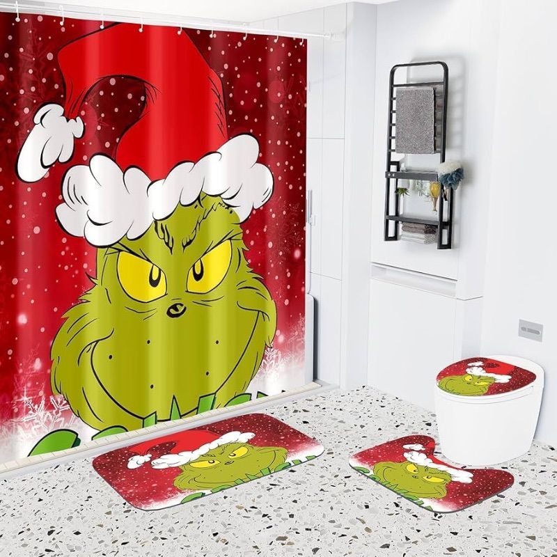 Photo 1 of ***FACTORY SEALED*** Christmas Grinch Shower Curtain Set 4-Piece with Non-Slip Bath Mat, Toilet Lid Cover, and Rugs | Holiday Bathroom Decor Set, 71x71 Inches