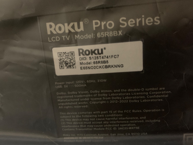 Photo 1 of ***(ITEM TURNS ON UNABLE TO TEST FURTHER)***Roku Smart TV – 65-Inch Pro Series 4K QLED RokuTV with Backlit Roku Voice Remote Pro, Dolby Vision IQ, 120Hz Refresh Rate – Live Local News, Sports, Gaming