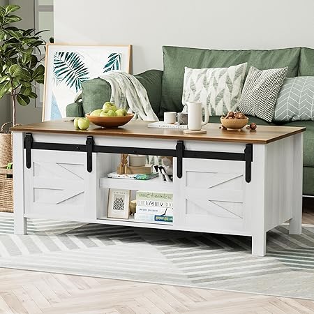 Photo 1 of ***STOCK PHOTO FOR REFERENCE ONLY*** YESHOMY Coffee Table with Sliding Barn Doors & Storage, Wooden Center Rectangular Cabinet with Adjustable Shelves, for Livingroom, Bedroom, Home Office, White