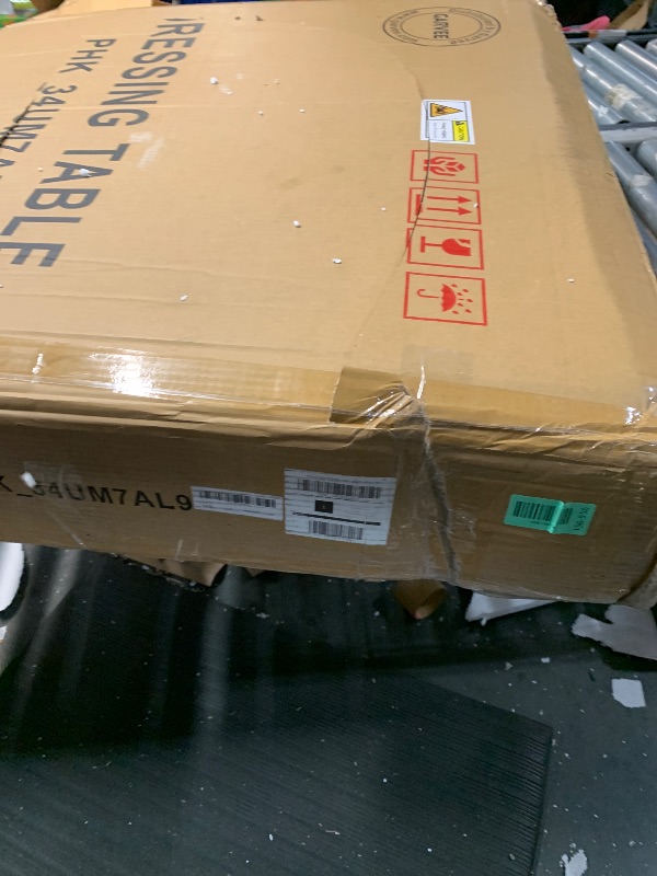 Photo 1 of ***DAMAGED PLEASE SEE PICTURES***Garvee Corner Vanity Desk and Stool, Corner Makeup Vanity with LED Lighted Mirror Charging Station and Cabinet for Bedroom, Brown