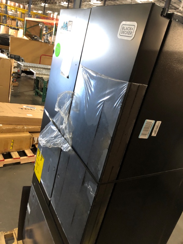 Photo 1 of ** ITEM IS UNUSED BUT HAS DAMAGE TO SIDE GOES ALL THE WAY THROUGH**
BLACK+DECKER 16 Cu. Ft. French Door Refrigerator with Built-in Ice Maker, Full Size Refrigerator with Bottom Mount Freezer Drawer, Frost Free, ENERGY STAR certified, BRF1600GIMB, Black