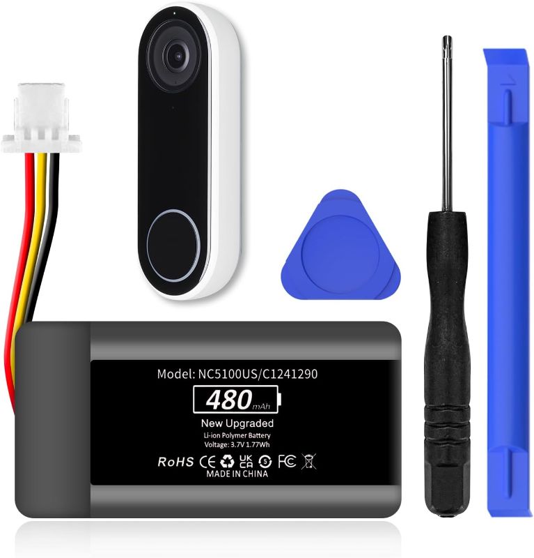 Photo 1 of 
NC5100US Battery, Upgraded [480mAh] Super High Capacity Li- Polyme Battery for Nest Hello NC5100US C1241290 Vido Doorbell Wired Replacement Batterien with Repair Tool Kits