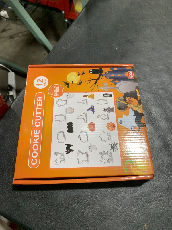 Photo 1 of 12 Pcs Halloween Cookie Cutters Set, Cat, Bat, Owl, Ghost, Pumpkin, Witch hat, Broom, Spider, Spider Web, Coffin, Tombstone Shape, Stainless Steel Metal Biscuit Molds for Baking or Party Decorations