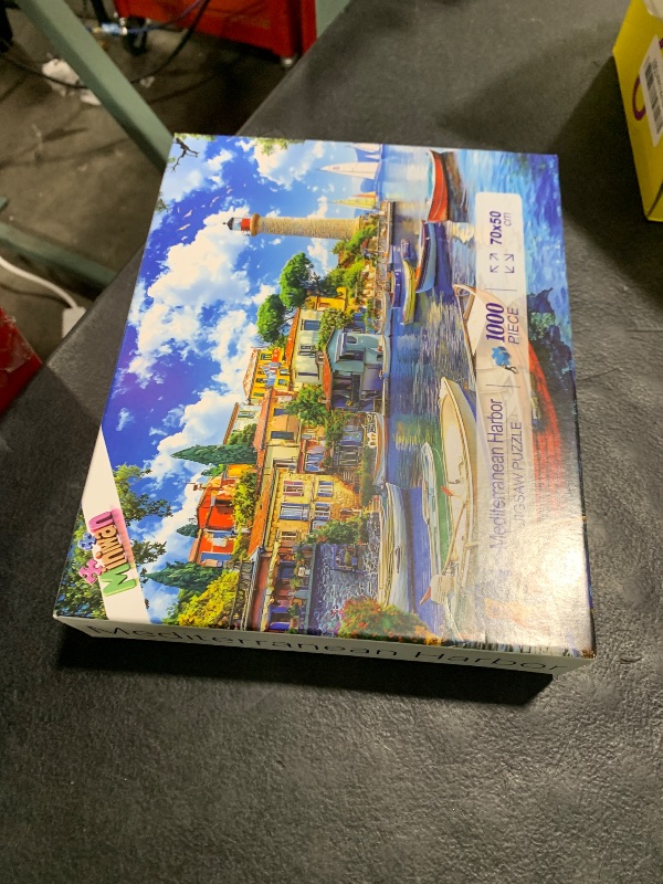 Photo 1 of 1000 Piece Jigsaw Puzzle for Adults Seaside Harbor Colorful Houses Lighthouse Sailboats Scene Beautiful Mediterranean Sea Landscape Challenging Coastal Village Puzzle for Adults Families27.6 x19.7