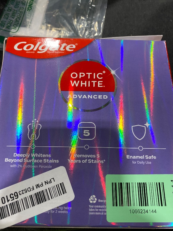 Photo 1 of *OPENED, USED** Colgate Optic White Advanced Hydrogen Peroxide Toothpaste Pack, Teeth Whitening Toothpaste, Enamel-Safe Hydrogen Peroxide Formula, Helps Remove Tea, Coffee, and Wine Stains, Icy Fresh, 3 Pack, 3.2 oz