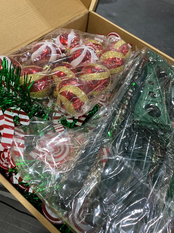 Photo 1 of [Timer] 6 Ft Pop Up Christmas Tree with Lights, Green&Gold Tinsel Pencil Tree with 50 Multicolored Light Christmas Balls Lollipop Candy Cane Battery Operated for Home Holiday Xmas Party Indoor Decor