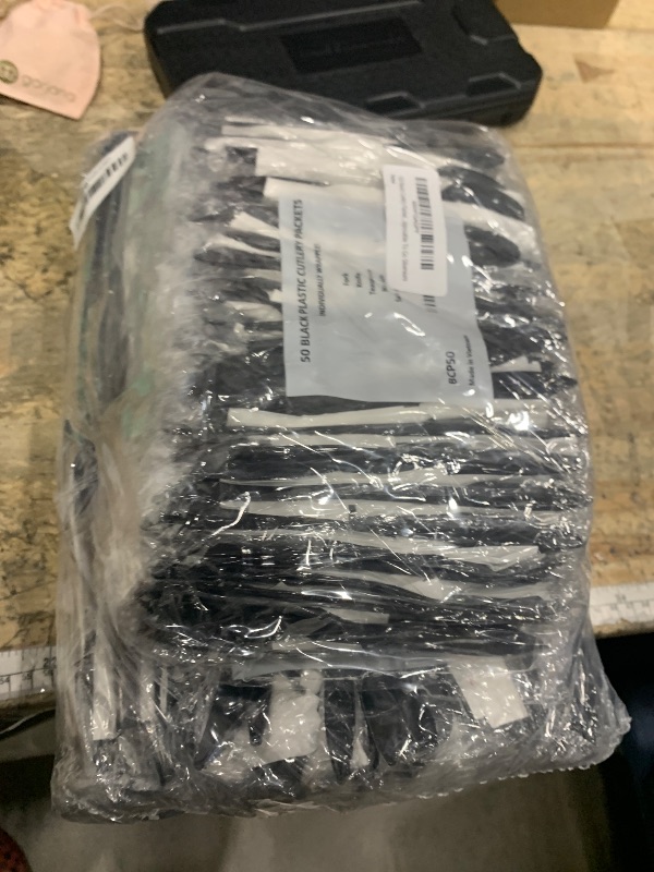 Photo 1 of 150 Plastic Cutlery Packets - Knife Fork Spoon Napkin Salt Pepper Sets | Black Plastic Silverware Sets Individually Wrapped Cutlery Kits, Bulk Plastic Utensil Cutlery Set Disposable To Go Silverware