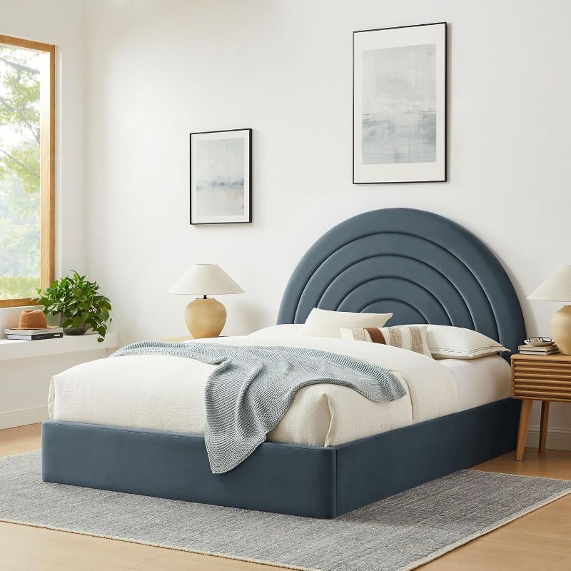 Photo 1 of (bottom framing only*!) Modway Solana King Size Performance Velvet Platform Bed in Cadet Blue – Upholstered base Frame – Plinth Base Platform Bed Frame