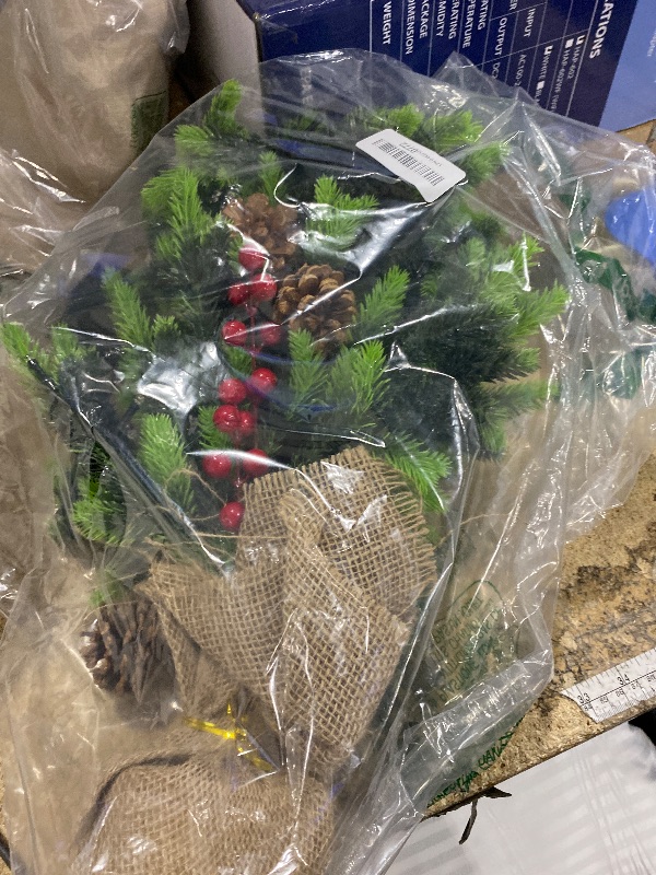 Photo 1 of [ 12 Modes & Timer] Christmas Artificial Tree LED Warm Lights Battery Operated Red Berries Pine Cone Burlap Base Indoor Home Christmas Decorations