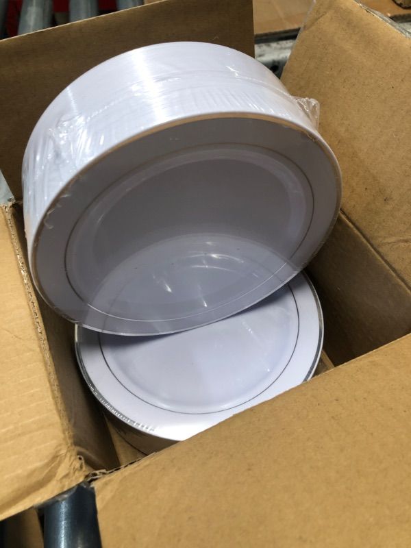 Photo 1 of ***FACTORY SEALED***bUCLA 100Pieces Silver Plastic Plates - 6.25inch White with Silver Rim Disposable Salad/Dessert/Appetizer/Small Cake Plates for Weddings, Christmas, Parties&Gathering