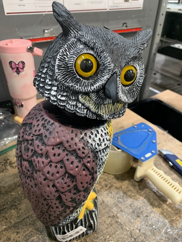 Photo 1 of **MISSING ASSEMBLY PIECES*** Glintoper Plastic Fake Owl Wagging Head Outdoor Statues 16.5 inch, Bird Scarecrow Horned Decoy, Bird Deterrents Scary Birds Away, Nature Enemy Pest Repellent for Outdoor Garden Yard Protectors