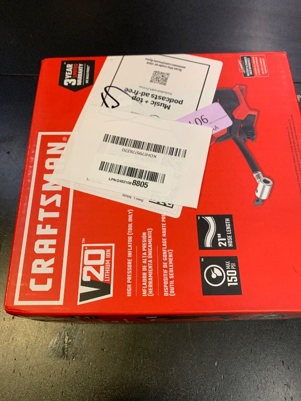 Photo 1 of CRAFTSMAN V20 Air Compressor Portable, Cordless Tire Inflator, Up To 150 PSI Tire Pump, with Digital Pressure Gauge, Tool Only (CMCE521B)