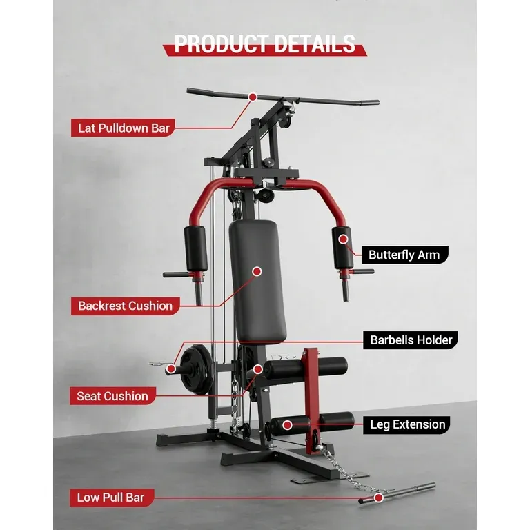 Photo 1 of *INCOMPLETE, BOX 1 OF 3 ONLY** Garvee Home Gym, Multifunctional Full Body Workout Equipment with Pulley System, Leg Press, 400Lbs Weight Bar for Strength Training, Red/Black
