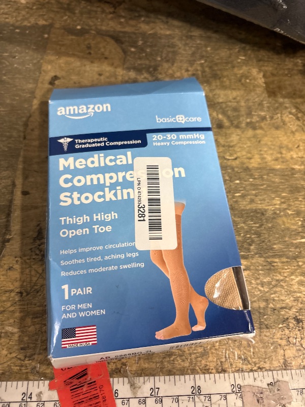 Photo 1 of Amazon Basic Care Medical Compression Stockings, 20-30 mmHg Support, Women & Men Thigh Length Hose, Open Toe, Beige, 2X-Large (Previously NuVein)