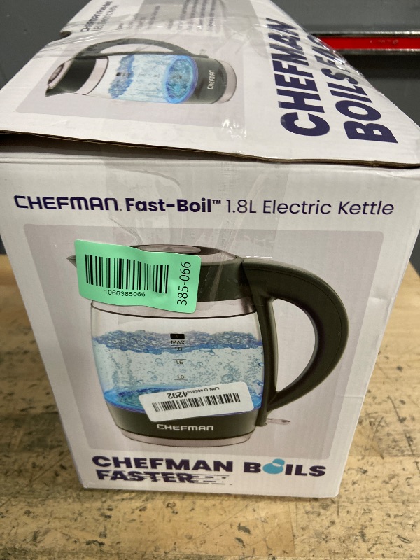 Photo 1 of **** Does NOT turn on LED indicator light does not turn on Chefman Electric Kettle, 1.8L 1500W, Hot Water Boiler, Removable Lid for Easy Cleaning, Auto Shut Off, Boil-Dry Protection, Stainless Steel Filter, BPA Free, Borosilicate Glass Electric Tea Kettle
