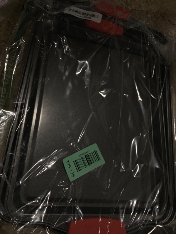 Photo 1 of 2 Piece Set Nonstick Carbon Steel Oven Bakeware -Professional Quality Kitchen Cooking Baking Trays -PFOA, PFOS, PTFE-Free Medium & Large Baking Sheet Pans with Red Silicone Handles