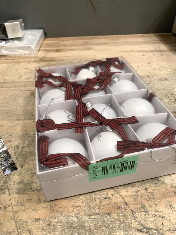 Photo 1 of 12 PCS Christmas Balls Ornaments Set, 2.36'' Shatterproof White Bulbs with Buffalo Plaid Bows, Well-Crafted Farmhouse Christmas Tree Decorations Balls, Plaid Christmas Ornaments for Tree Decor