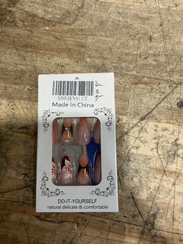 Photo 1 of 24Pcs Handmade Almond Press on Nails Medium Fake Nails with 3D Flower Rhinestones Design French Tip Almond False Nails Artificial Acrylic Nails Press ons Full Cover Flower Stick on Nail for Women