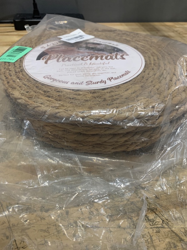 Photo 1 of 12 in Round Woven Placemats Plate Chargers Set of 10, Rattan Wicker Table Mats for Dinner Plates, Boho Farmhouse Rustic Place Mats for Dining Table Decor