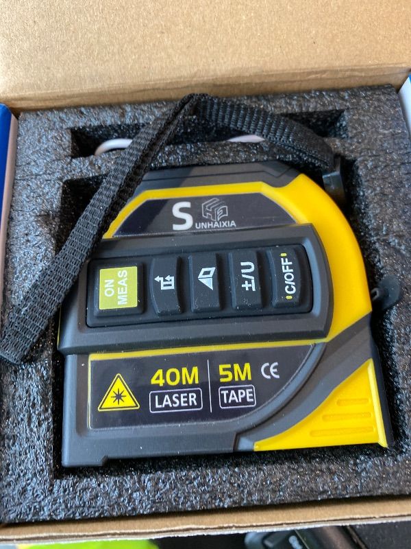 Photo 1 of *UNTESTED*
4-in-1 Laser Tape Measure with Laser Level Crosshairs |130ft/40m Laser Distance+16ft/5m AutoLock Tape |Backlit LCD Display (Ft/Inch/M/mm) |for DIY,Construction, Interior Design (Yellow/131Ft)