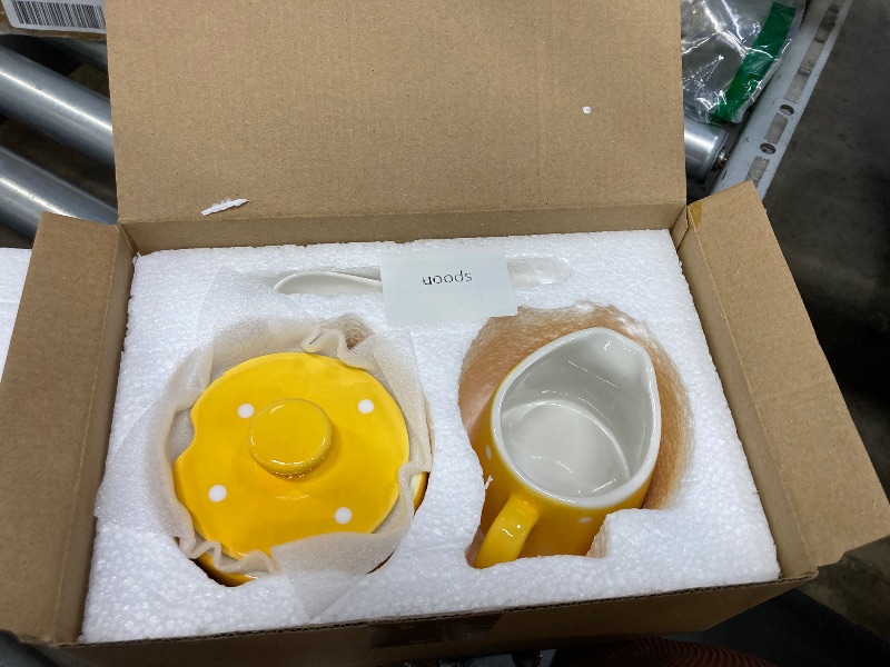 Photo 1 of **The sugar dish is chipped***CHOOLD Chic Polka Dot Ceramic Sugar and Creamer Set with Spoon Creamer Serving Set for Coffee and Tea(Pink/Blue/Yellow)***The sugar dish is chipped***
