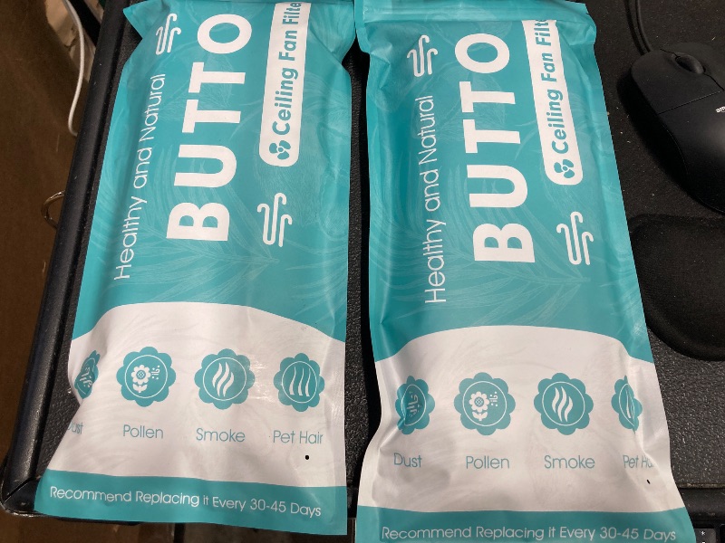 Photo 1 of  PACK OF 2 BUT TO Butto 5-Pack Ceiling Fan Filters - Strong Adhesive Ceiling Fan Blade Filters for Common Household Contaminants - Unscented Coconut Carbon Fan Air Purifier Pads to Make Air Fresh and Natural