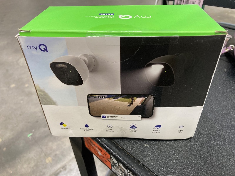 Photo 1 of ***MISSING PARTS -SELLING AS IS*** Chamberlain myQ Outdoor Battery Camera | 2K Camera, Color Night Vision, Spotlight, Motion Alerts, Live View with Two-Way Talk, Wireless, Weather-Resistant, Outdoor, White, 1Pack