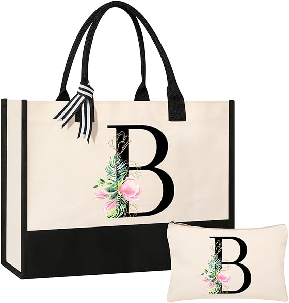 Photo 1 of (Q) AYGE Personalized Initial Canvas Beach Bag Cosmetic Bags, Tote Bag, Makeup Bag, Gifts for Sister Mom Teacher Bridesmaid (q)