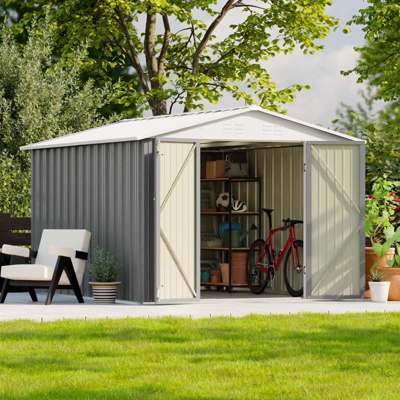 Photo 1 of **NOTE: ONLY ONE BOX OF TWO** Patiowell 8x10 FT Outdoor Storage Shed, Large Garden Tool Metal Shed with Sloping Roof and Double Lockable Door, Outdoor Sheds for Backyard Garden Patio Lawn,Grey