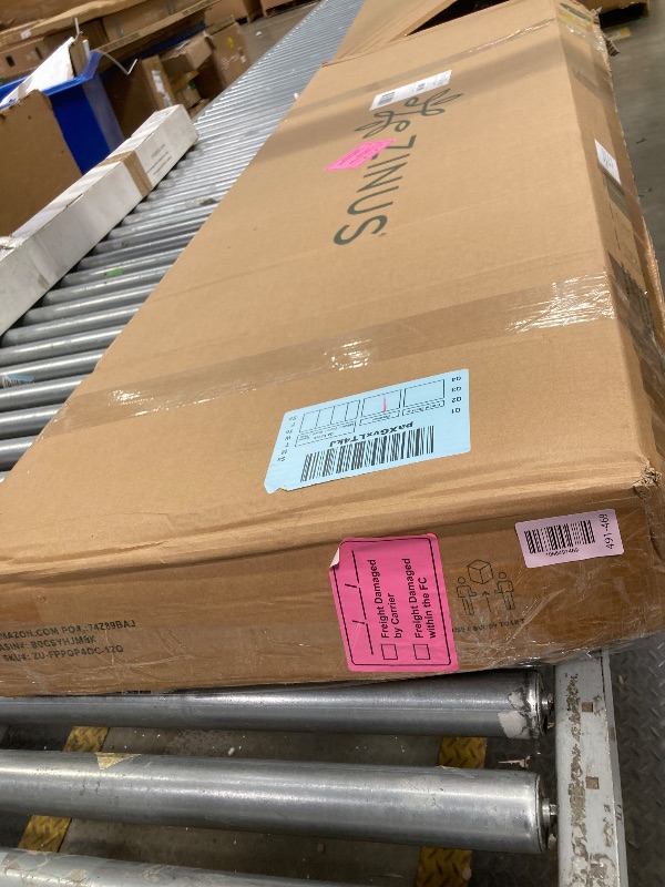 Photo 1 of *Pieces missing?* Zinus Queen Maya Upholstered Bed Frame with Asymmetric Headboard, Durable Wooden Slats, Sturdy Framework, Noise Free Sleep, No Box Spring Needed, Easy Assembly, Eco Friendly Packaging, Dark Grey