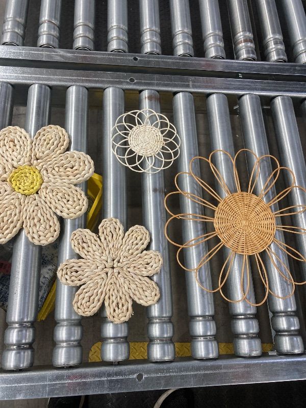 Photo 1 of ***MISSING P[IECES*** Chunful 4 Pcs Boho Wall Basket Decor Rattan Flower Wall Decor Nursery Daisy Flower Woven Macrame Hanging Flowers for Baby Kids Girls Farmhouse Bedrooms Living Rooms Kitchen Home(Milky White)