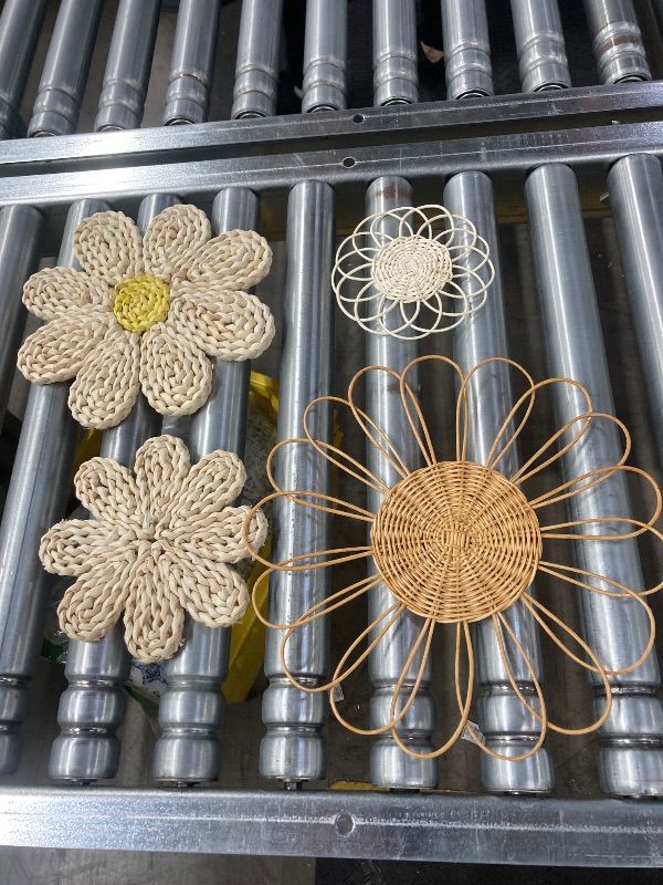 Photo 1 of ***MISSING P[IECES*** Chunful 4 Pcs Boho Wall Basket Decor Rattan Flower Wall Decor Nursery Daisy Flower Woven Macrame Hanging Flowers for Baby Kids Girls Farmhouse Bedrooms Living Rooms Kitchen Home(Milky White)