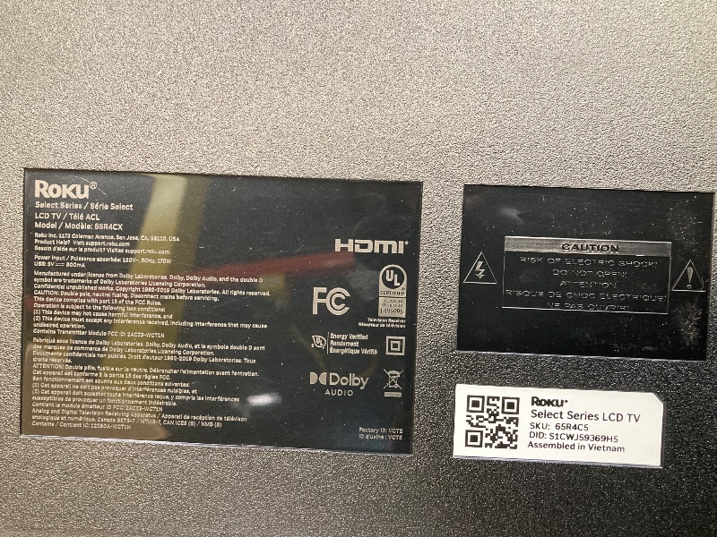 Photo 1 of ***BROKEN, NO RETURN*** Roku Smart TV – 65-Inch Select Series, 4K HDR TV – RokuTV with Enhanced Voice Remote – Flat Screen LED Television with Wi-Fi for Streaming Live Local News, Sports, Family Entertainment