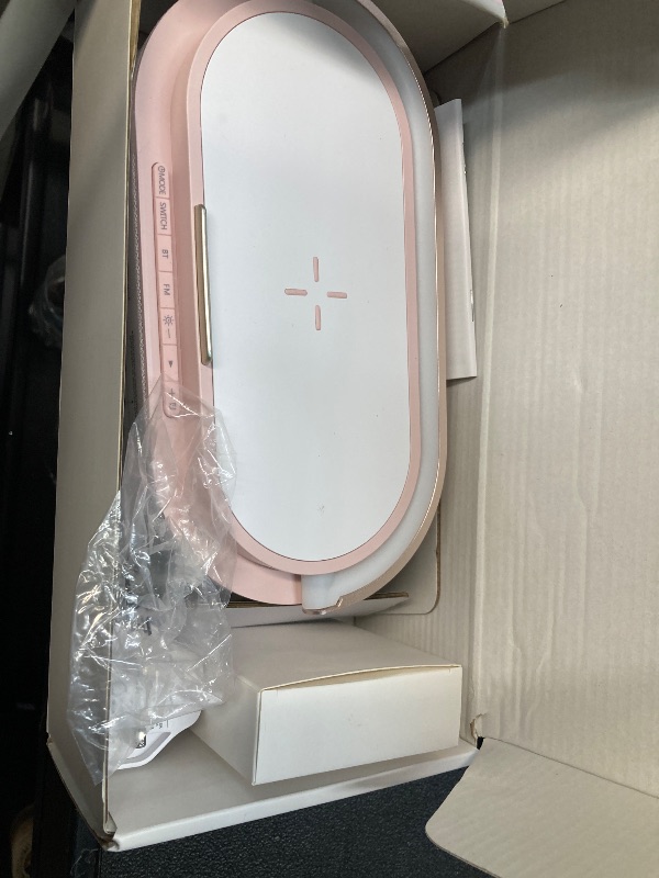Photo 1 of ***PLZ NOTE THE PLUG TYPE IN PICTURES***COLSUR Bluetooth Speaker Alarm Clock with Wireless Charger, FM Radio, Adjustable LED Night Light, 6 in 1 Bedroom Portable Speaker 2500mAh, Phone Stand for Bedside, Home, Office, Gift (Pink)**PLZ NOTE THE PLUG TYPE I