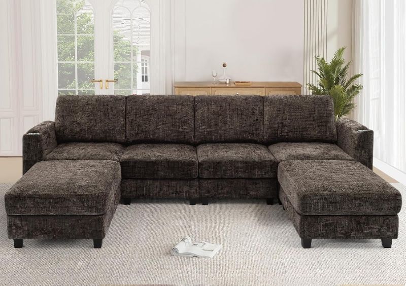Photo 1 of *** missing parts**malol 118* u shaped sectional couch 4 seat modular sofa with a usb type C ports 2 ottomans and foldable side table brown