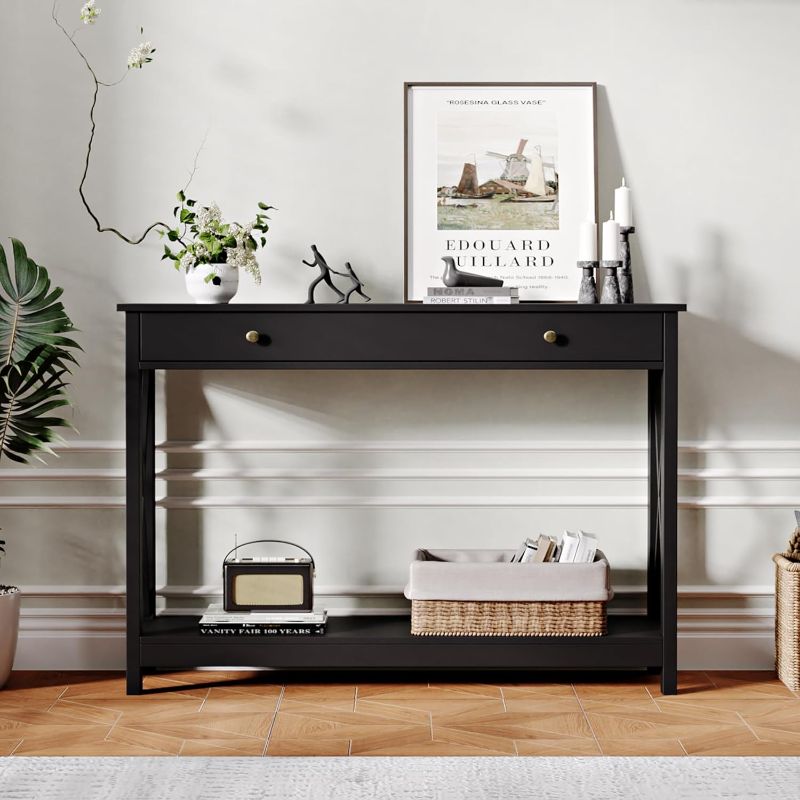Photo 1 of ***MISSING PARTS*Treocho Black Console Table with Drawer and Storage Shelves, Foyer Sofa Table Narrow for Entryway, Living Room, Hallway