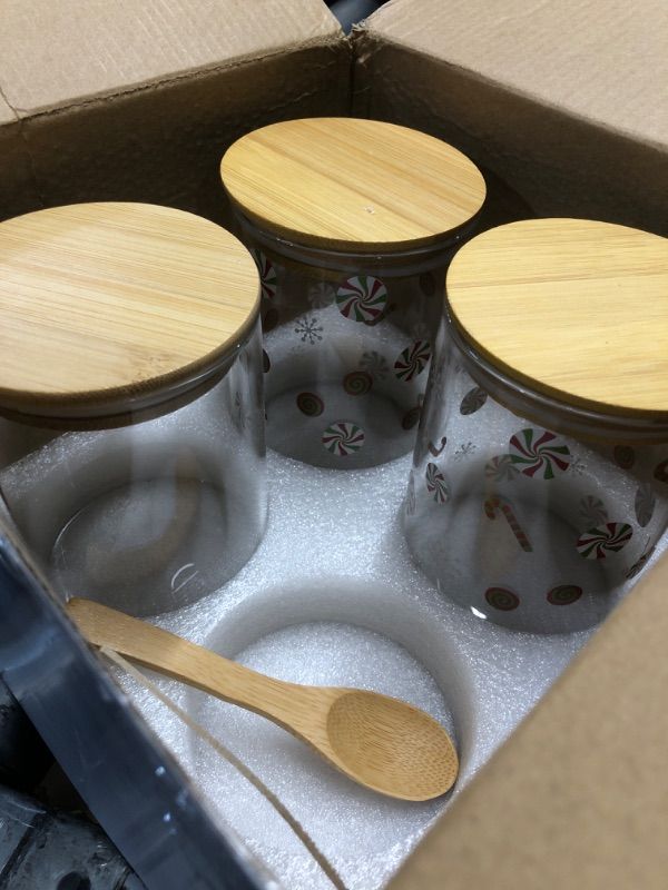 Photo 1 of **MISSING 1 JAR AND 3 SPOONS, TWO JARS HAVE BEEN DECORATED** Glass Sugar Container with Spoon - 4 Pack 15oz Glass Jars with Bamboo Lid and Spoon, Bamboo Lid Storage Jar Containers for Coffee Beans, Spice, Brown Sugar, Tea, Flour, Nuts, Candy, Salts and Mo