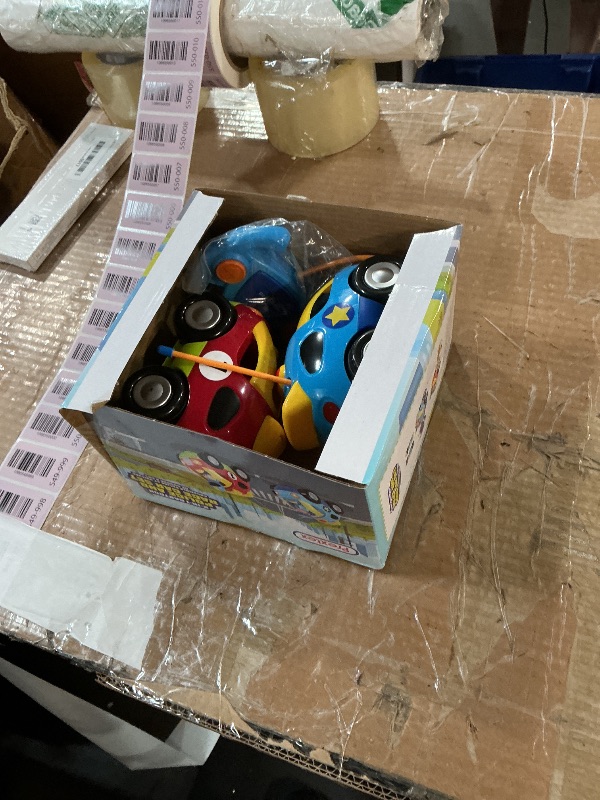 Photo 1 of (MISSING A CONTROLLER) Prextex 2 Pack Cartoon Remote Control Cars for Toddlers - Police Car and Race Car with Steering Wheel Controllers and Lights - Different Frequencies So Both Can Race Together - Toddler Gift 18+ Months