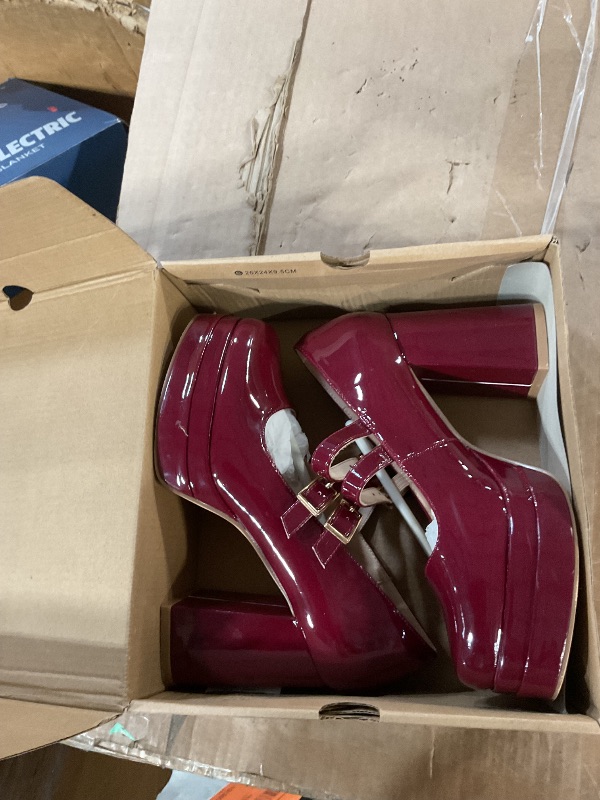 Photo 1 of ***(HEAVILY USED/ MINOR DAMAGE)***Coutgo Women's Platform Mary Jane Pumps Two Strap Square Toe Chunky Block Heel Sandals Party Shoes, Deep Red, Size 6
