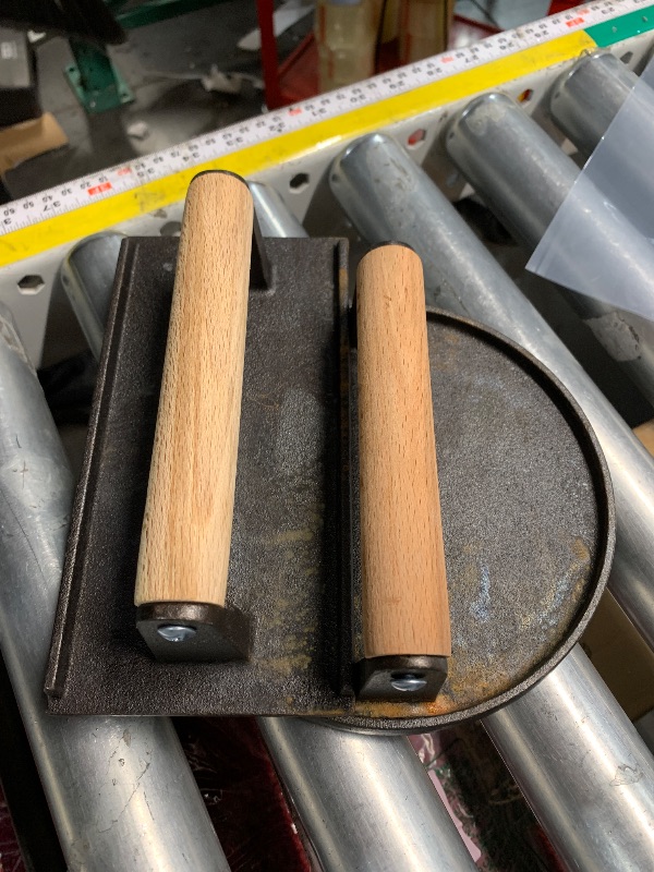 Photo 1 of ***HEAVILY USED AND RUSTED*** Blackstone Burger Press Set - 7" Round smash burger press & 8.3"x4.3" Rectangle Cast Iron Grill Press with Wooden Handle - Smasher is perfect for Blackstone Griddle, Pitboss Weber Griddle Grills