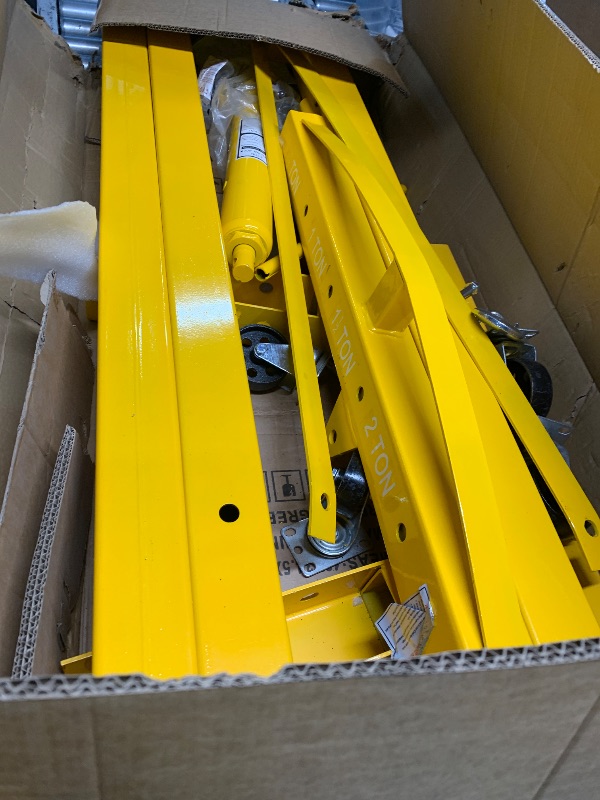 Photo 1 of ***MISSING HARDWARE**

2-Ton Folding Engine Hoist Cherry Picker 4400 Lb Capacity Hydraulic Shop Crane with Telescoping Boom 6 Caster Wheels for Automotive Repair Garage Use Includes Hitch and Storage Stand Yellow